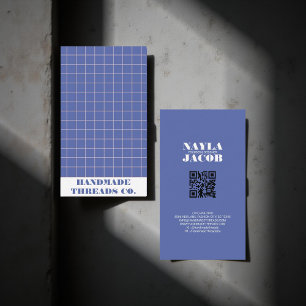 Carte De Visite Code QR à motif à carreaux bleu électrique moderne