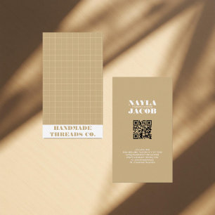 Carte De Visite Code QR à motif à carreaux de ton terne marron mod