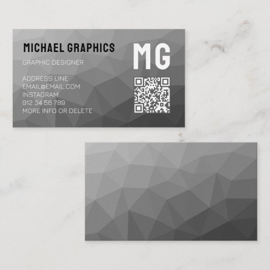 Carte De Visite Code QR à motif de maille géométrique gris Monogra (Devant / Derrière)