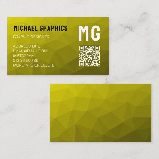 Carte De Visite Code QR à motif de maille géométrique jaune Monogr (Devant / Derrière)