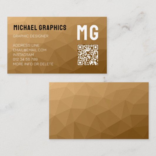 Carte De Visite Code QR à motif de maille géométrique marron Monog (Devant / Derrière)