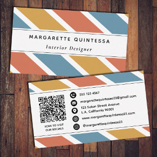 Carte De Visite Code QR à motif de rayures rétro bleu orange et ja