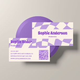 Carte De Visite Code QR à motif ondulé rétro violet minimaliste