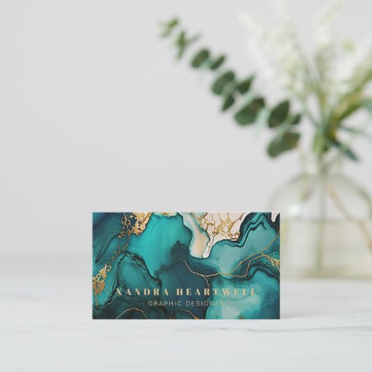 Carte De Visite Code QR Abstrait Turquoise Chic Blue Gold Parties (Debout devant)