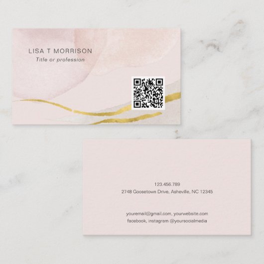 Carte De Visite Code QR Abstraite aquarelle rose pâle moderne  (Devant / Derrière)
