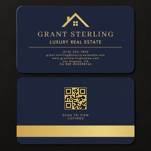 Carte De Visite Code QR Agent Immobilier Bleu Nuit Or