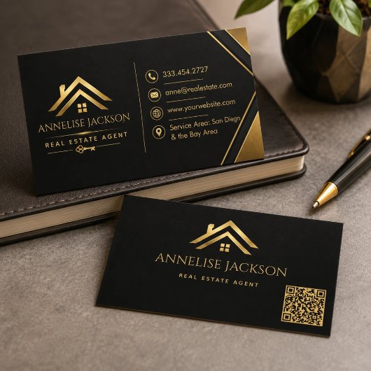 Carte De Visite Code QR Agent Immobilier Luxe Navy Or