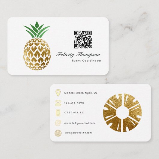 Carte De Visite Code QR Ananas en feuille d'or fausse (Devant / Derrière)