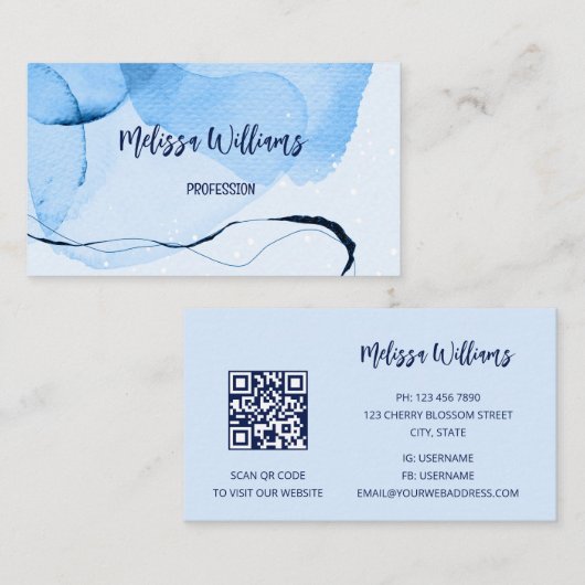 Carte De Visite Code QR | Aquarelle bleu art Abstrait (Devant / Derrière)