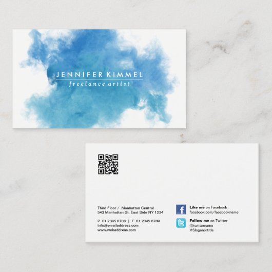 Carte De Visite Code QR Aquarelle bleue des médias sociaux (Devant / Derrière)