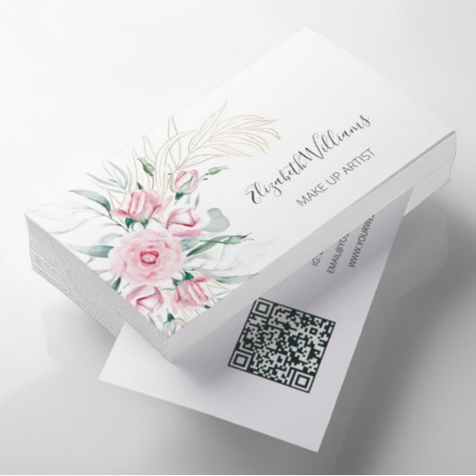 Carte De Visite Code QR | Aquarelle Blush Floral Make Up Artiste
