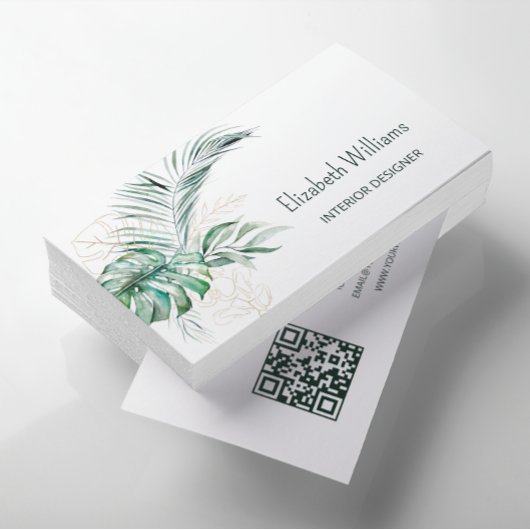 Carte De Visite Code QR | Aquarelle Feuilles tropicaux