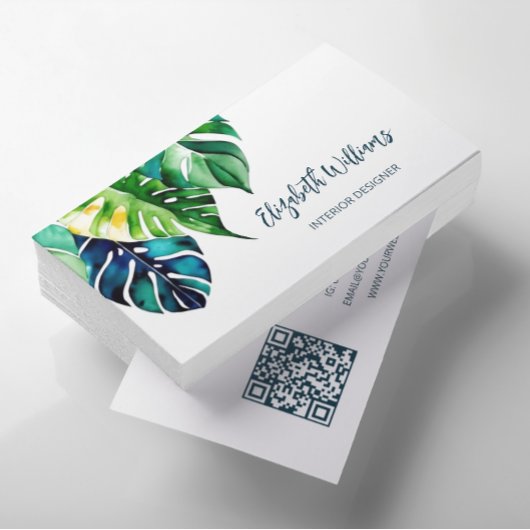 Carte De Visite Code QR | Aquarelle Feuilles tropicaux
