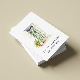 Carte De Visite Code QR aquarelle porte verte Agent immobilier