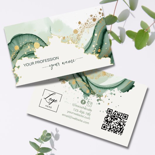 Carte De Visite Code Qr aquarelle vert sauge