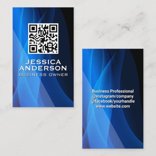 Carte De Visite Code QR | Arrière - plan Abstrait bleu (Devant / Derrière)