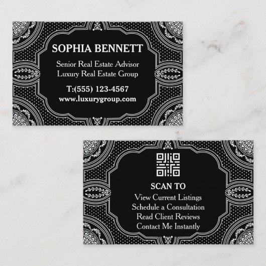 Carte De Visite Code QR Art Déco Immobilier de Luxe (Devant / Derrière)