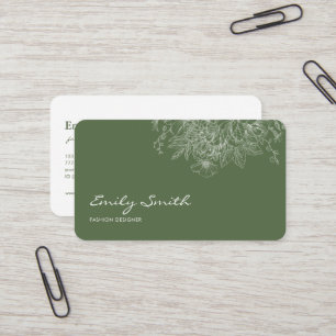 Carte De Visite Code QR Art en Ligne de Fleur de Vert Olive Simple