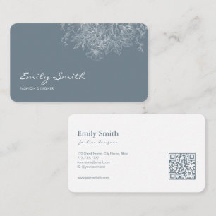 Carte De Visite Code QR Art en Ligne Fleur Bleu Poussiéreux Simple