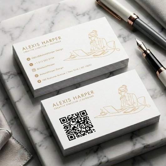 Carte De Visite Code QR Art en Ligne Moderne Or Minimaliste