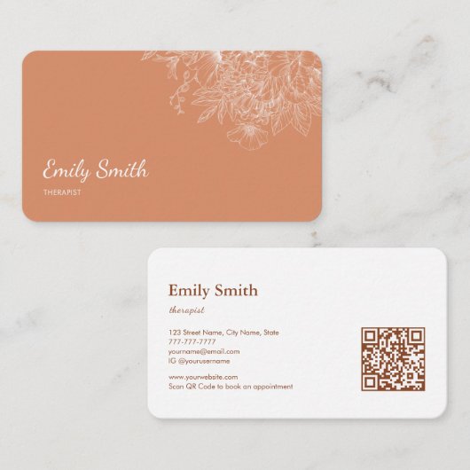 Carte De Visite Code QR Art Linéaire de Fleur Orange Poussiéreuse (Devant / Derrière)