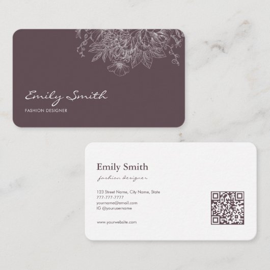 Carte De Visite Code QR Art Linéaire Fleur Violet Poussiéreux Mode (Devant / Derrière)