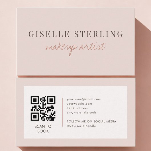 Carte De Visite Code QR Artiste Maquillage Rose Pâle