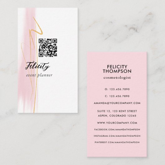 Carte De Visite Code QR aux coups de pinceau rose et or (Devant / Derrière)