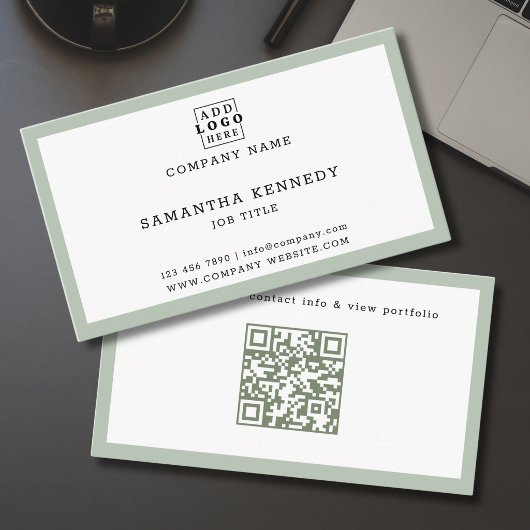 Carte De Visite Code QR avec bordure vert sauge Professionnel Logo