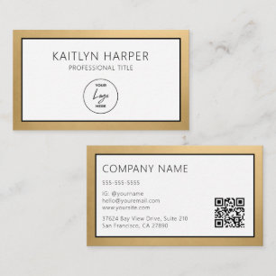 Carte De Visite Code QR avec logo à bordure en or élégant