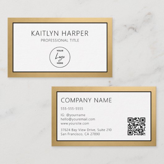 Carte De Visite Code QR avec logo à bordure en or élégant (Devant / Derrière)