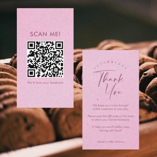Carte De Visite Code QR « Avis » écriture élégante Kraft rose