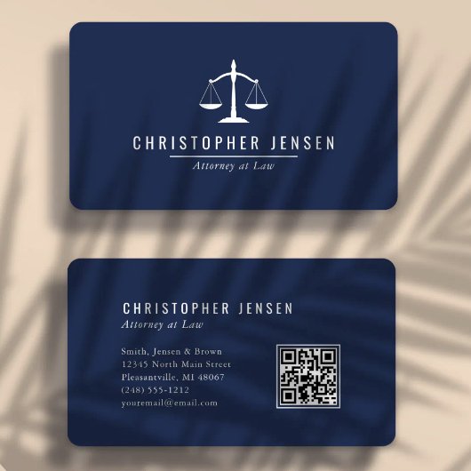 Carte De Visite Code QR avocat Bleu marine Blanc Échelles Arrondi