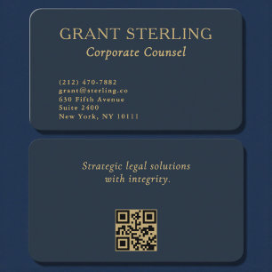 Carte De Visite Code QR Avocat Conseil Entreprise Bleu Nuit Or