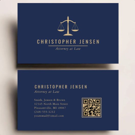 Carte De Visite Code QR avocat échelles de justice bleu marine or