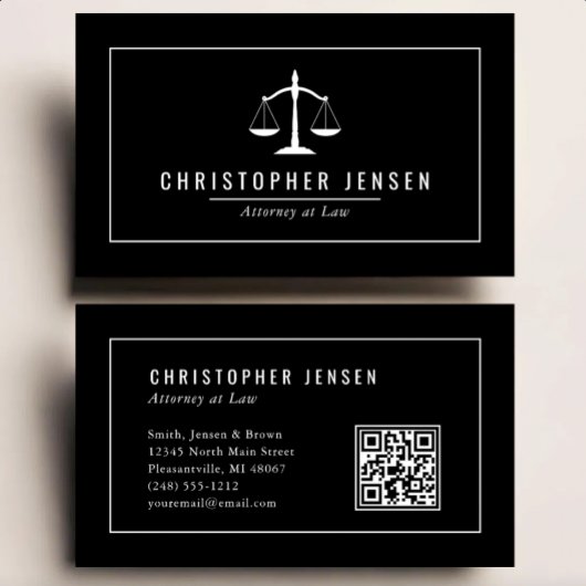Carte De Visite Code QR Avocat Échelles Noir Blanc Classique