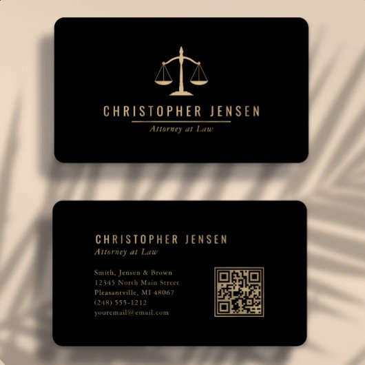 Carte De Visite Code QR Avocat Échelles Noir Or Arrondi