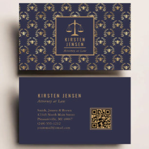 Carte De Visite Code QR avocat motif abeilles et laurier bleu fonc