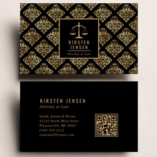 Carte De Visite Code QR avocat motif damas noir or