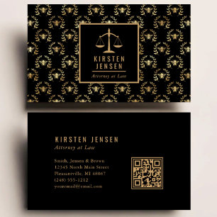 Carte De Visite Code QR avocat motif noir or abeille laurier