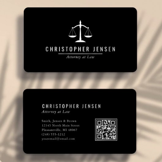 Carte De Visite Code QR Avocat Noir Blanc Échelles Simple Arrondi