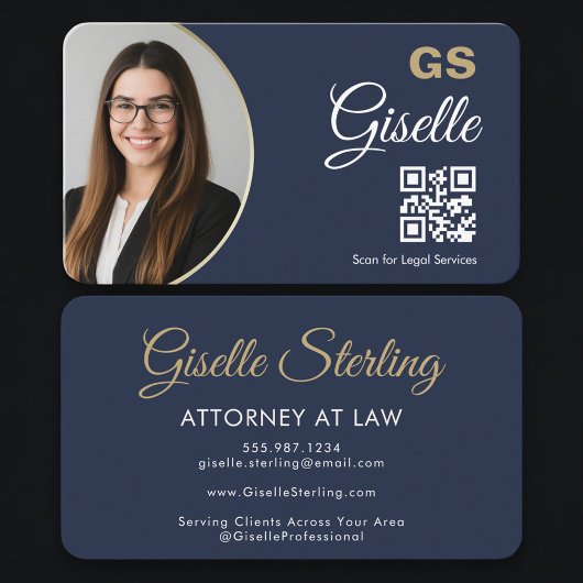 Carte De Visite Code QR Avocat Photo Bleu Nuit Or