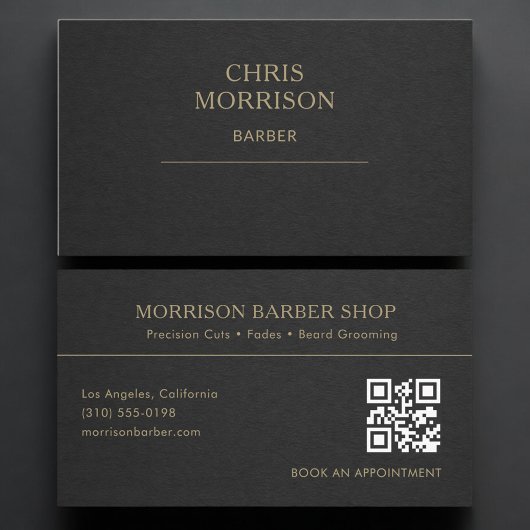 Carte De Visite Code QR barbier noir or professionnel