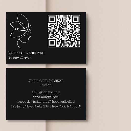 Carte De Visite Code QR, beauté, logo, ligne Art Black