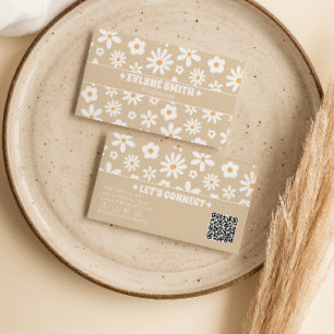 Carte De Visite Code QR Beige Rétro Fleur Groovy Bohème Unique
