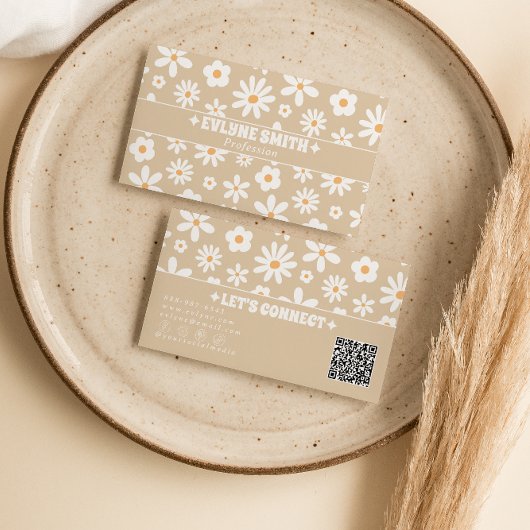 Carte De Visite Code QR Beige Rétro Fleur Groovy Bohème Unique