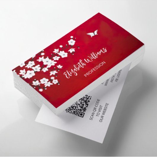 Carte De Visite Code QR | Blanc rouge fleur de cerisier