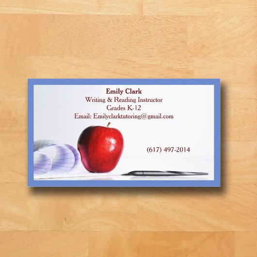 Carte De Visite Code QR Bleu Enseignant École Pomme Rouge
