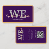 Carte De Visite Code QR bleu et or moderne élégant avec monogramme (Devant / Derrière)