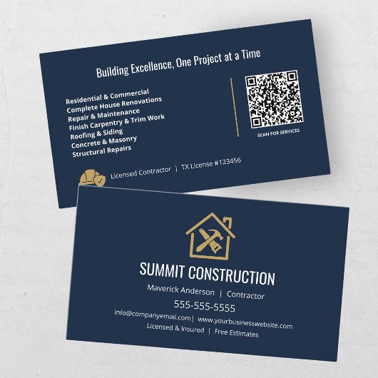 Carte De Visite Code QR bleu or Entreprise de Construction Moderne